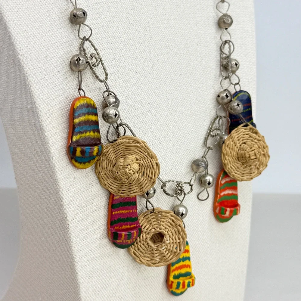 Vintage Mexican Wedding Necklace Folk Art Sombrero Huarache Charms Silver Tone